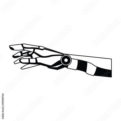 A black and white illustration of a robotic prosthetic hand and forearm
