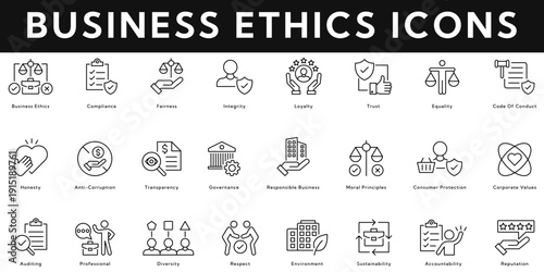 Business ethics Icons vector illustration with thin line editable stroke contains compliance, fairness, integrity, loyalty, trust, code of conduct, governance, honesty, reputation, respect, auditing.