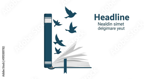 Book with flying birds, symbol of knowledge, freedom, and imagination