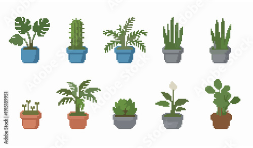 Pixel Art Potted House Plants Collection Blue and Gray Planters Retro 8 Bit Vector
