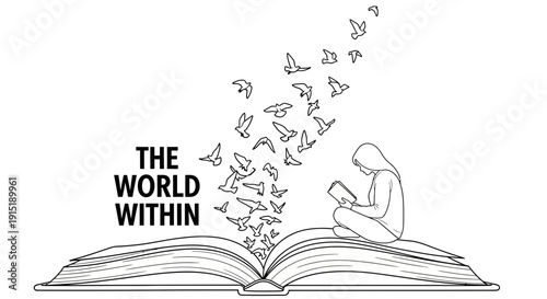 Girl Reading Book, Birds Flying Out, Knowledge, Imagination