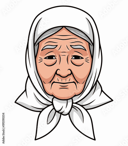 Portrait of an elderly woman wearing a white headscarf, vector illustration of a grandmother