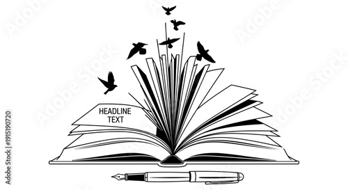 Open Book with Flying Birds and Fountain Pen - Symbol of Knowledge, Freedom, and Creativity