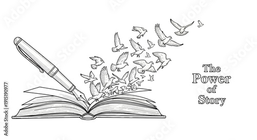 Open Book with Pen and Birds Flying Out - Symbolizing Creativity and Freedom