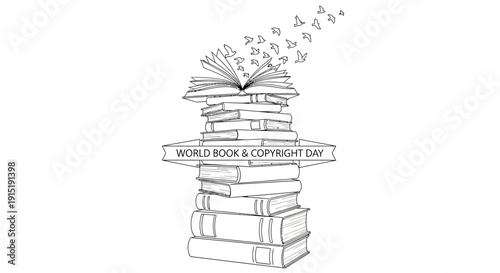 Stack of books, open book releasing birds, World Book Day, copyright concept
