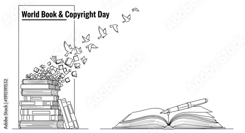 World Book & Copyright Day: Books Flying as Birds, Open Book with Pen