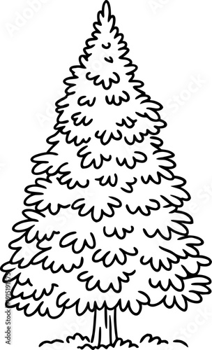 Simple black and white outline of a pine tree with full branches and textured needles