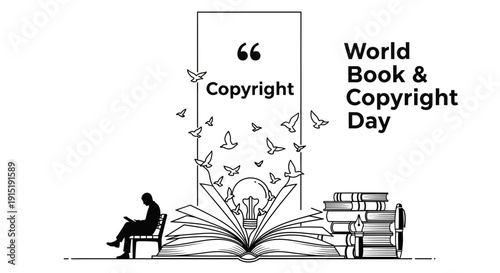 World Book & Copyright Day: Open Book, Lightbulb, Birds, Silhouette Reading