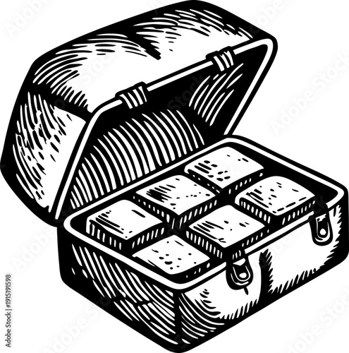 Open suitcase with neatly packed clothes inside vintage travel essentials illustration