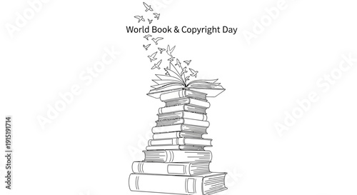 World Book and Copyright Day: Stack of Books with Birds Flying Out