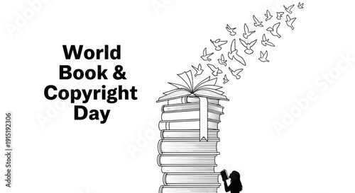 World Book Day: Stack of books with birds flying out, symbolizing knowledge and freedom