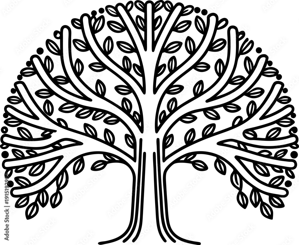 Obraz premium Stylized tree illustration with symmetrical branches and leaves in circular shape
