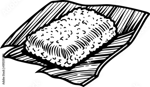 Rice cake on leaf traditional asian food, simple hand drawn illustration organic dessert snack, healthy natural ingredient