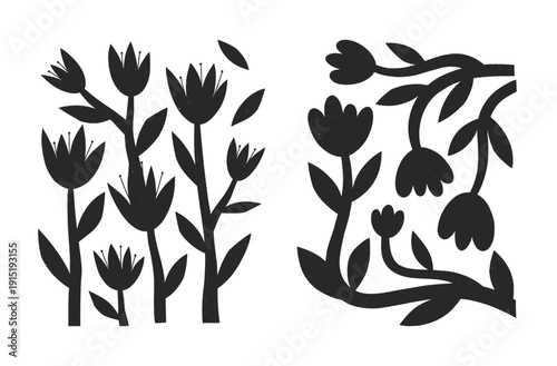 Floral black and white silhouettes in linocut style.Scandinavian folk botanical illustration set.Bold monochrome flowers for prints,posters,wall art decor,branding,packaging and patterns.