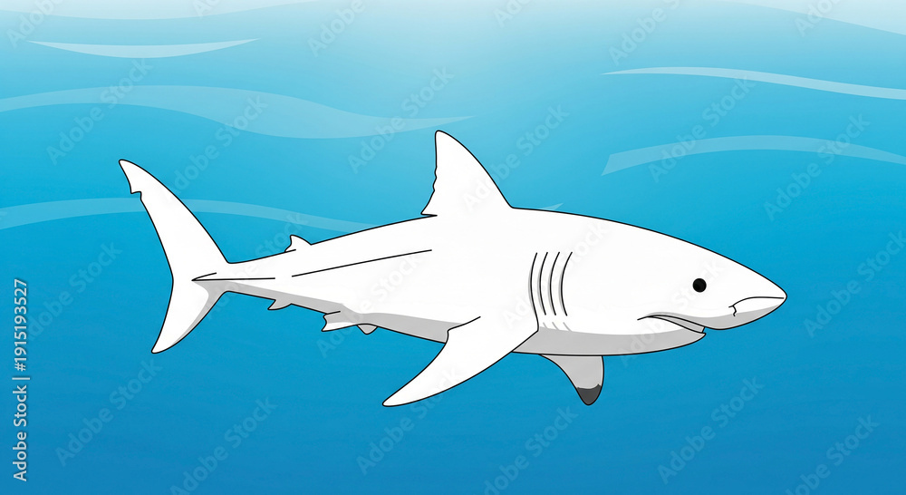 Obraz premium Cartoon shark swimming in ocean waters with gradient blue background