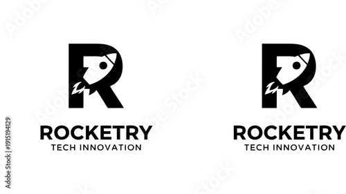 Professional vector logo design for “ROCKETRY TECH INNOVATION” featuring a stylized letter R with integrated rocket motif, symbolizing motion, progress, and technological advancement.