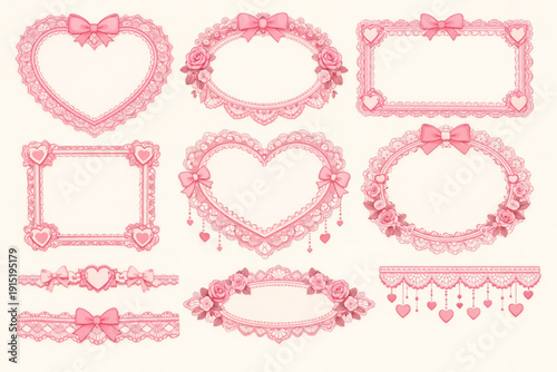 Valentine pink border and frame collection. Ornate heart-shaped lace templates, romantic vintage for wedding cards, love invitations and feminine decorations