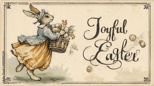 Vintage Easter Bunny Carrying Flower Basket with Joyful Easter Text for Spring Greeting Cards, Holiday Promotions, and Seasonal Marketing Campaigns Ideal for Easter Ads