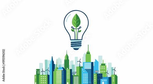 Flat illustration of a cityscape with a lightbulb and green leaf on top, symbolizing eco-friendly urban planning and sustainability, against a clean white background.