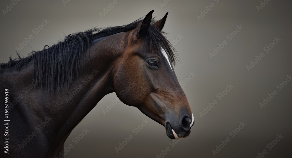 Obraz premium Visually striking photo of a dark bay horse head facing left with subtle highlights