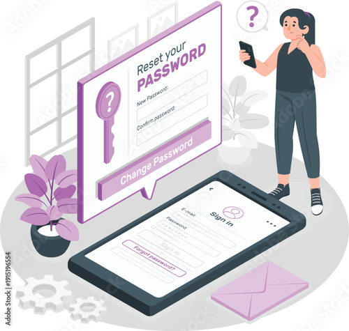 Woman resetting password on digital devices with security key illustration