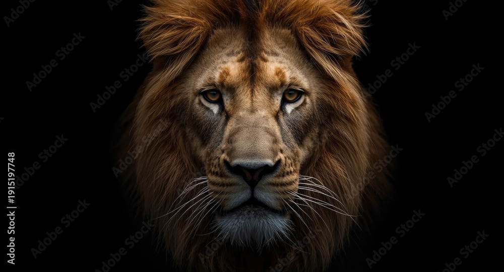Fototapeta premium Wild lion closeup with focused expression and dark black backdrop
