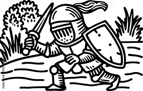 Knight with raised sword and shield in combat stance, medieval warrior illustration