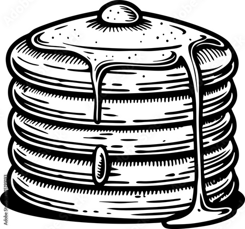 Stack of pancakes with melting butter and maple syrup dripping down illustration