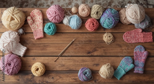 Creative arrangement of multicolor yarns, knitted hand mittens, and crochet needles on a classic wooden surface indoors with copy space