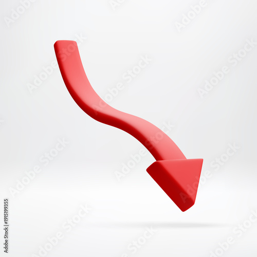 3D Red wavy arrow pointing down. Concept of falling stock, bad statistics, loss, or decline. 3d illustration for business presentation or financial report. Vector illustration