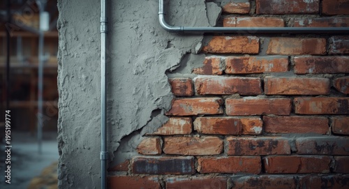 Brick wall partially plastered with electrical conduit exposed in construction area