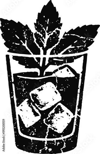 Mint leaves in glass with ice cubes refreshing summer drink concept herbal beverage illustration