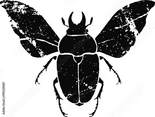 black vintage beetle silhouette with spread wings and textured distressed design