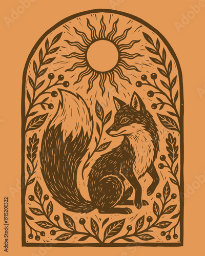 Linocut Fox Illustration with Sun and Berries in Arched Frame