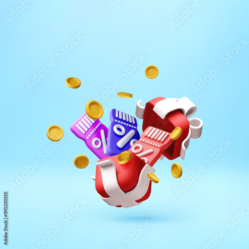3D Red gift box and colorful discount vouchers with golden coins falling. Concept of shopping, sale, special offer, and cashback promotion. Vector illustration