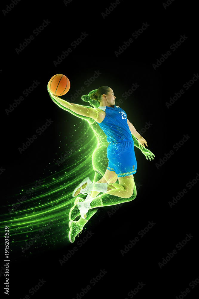 Fototapeta premium Electric mixed media. Female basketball player soaring for dunk with green light trail. Concept of women sport empowerment campaigns, athletic branding, fitness advertising, and dynamic event promo.