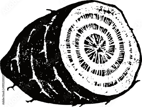 Black and white illustration of sliced taro root vegetable with textured skin and circular pattern inside