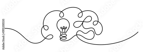 Brain with light bulb inside continuous line drawing mental health creativity idea concept psychology thinking mind innovation inspiration intelligence support awareness
