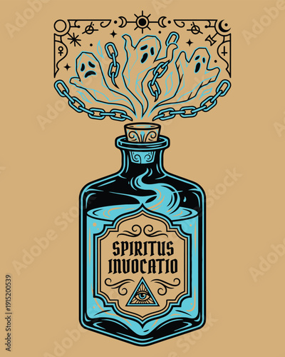 Spiritus Invocatio Potion Bottle Vector Illustration with Chained Ghosts