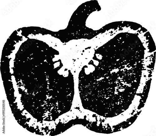 Black and white pepper slice illustration halved vegetable with seeds and stem hand drawn rough texture design