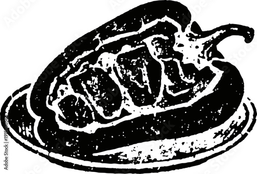 Stuffed pepper cut in halves on plate with filling ingredients vegetable meal illustration