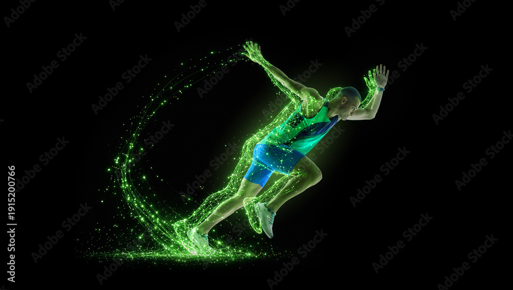 Fototapeta premium Explosive artwork. Sprinter launching forward with neon green digital energy trail. Concept of athletics event promo, sportswear branding, speed training programs and performance technology ads.
