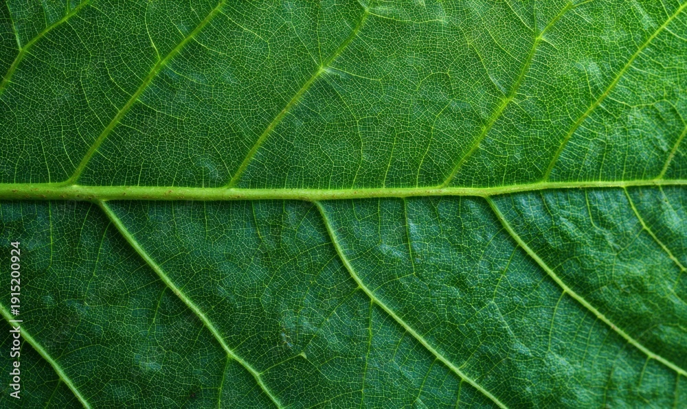 Fototapeta premium Flat macro of green leaf surface texture, visible veins and micro imperfections, soft daylight, clean background