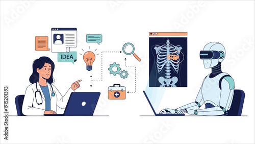 Doctor Collaborating with AI Robot on Medical Data and Digital Diagnostics