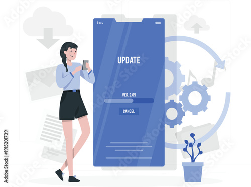Professional woman updating mobile app with gear and plant illustration