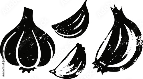 Garlic bulb and cloves illustration in black and white with vintage distressed texture