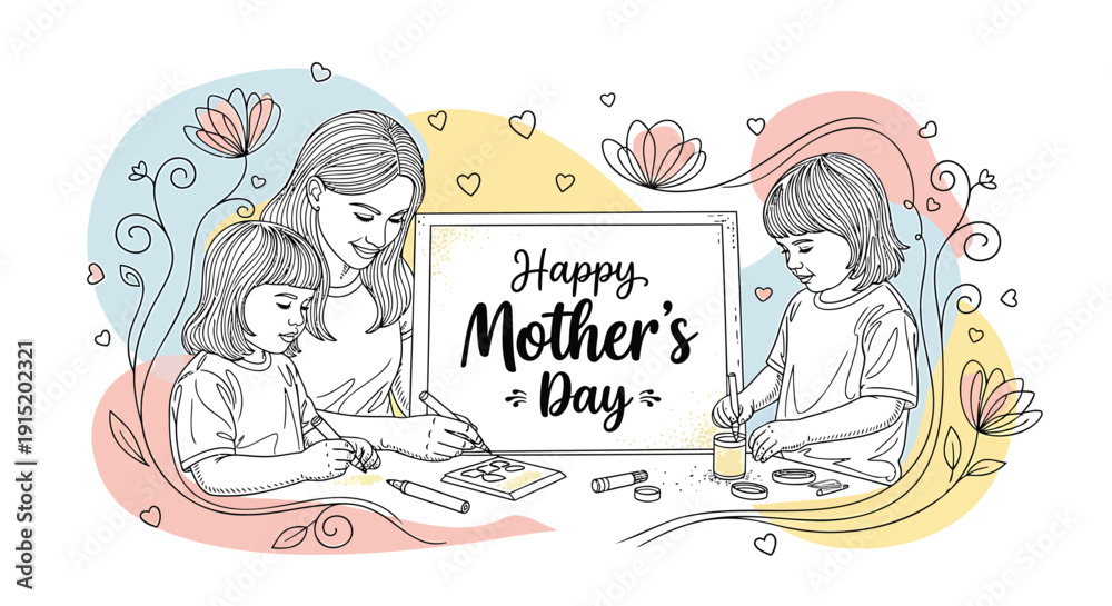 Obraz premium Vector illustration of a mother and her two children celebrating Mother's Day with colorful floral designs and a greeting card