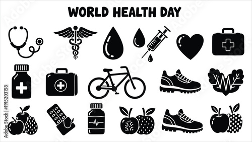 World Health Day Black and White Glyph Icon Set – Medical, Healthcare, Fitness, and Wellness Symbols Collection