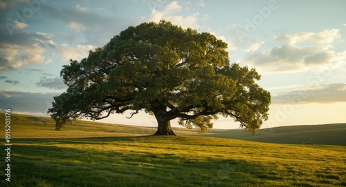 A splendid oak tree standing resilient in a large open pasture