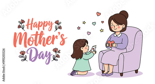 Vector illustration of a little girl giving a gift to her mother on Mother's Day, surrounded by hearts and flowers
